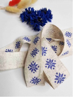 Лента отделочная Лён бел. орнамент 30мм. (лён/синий), Р.90953П